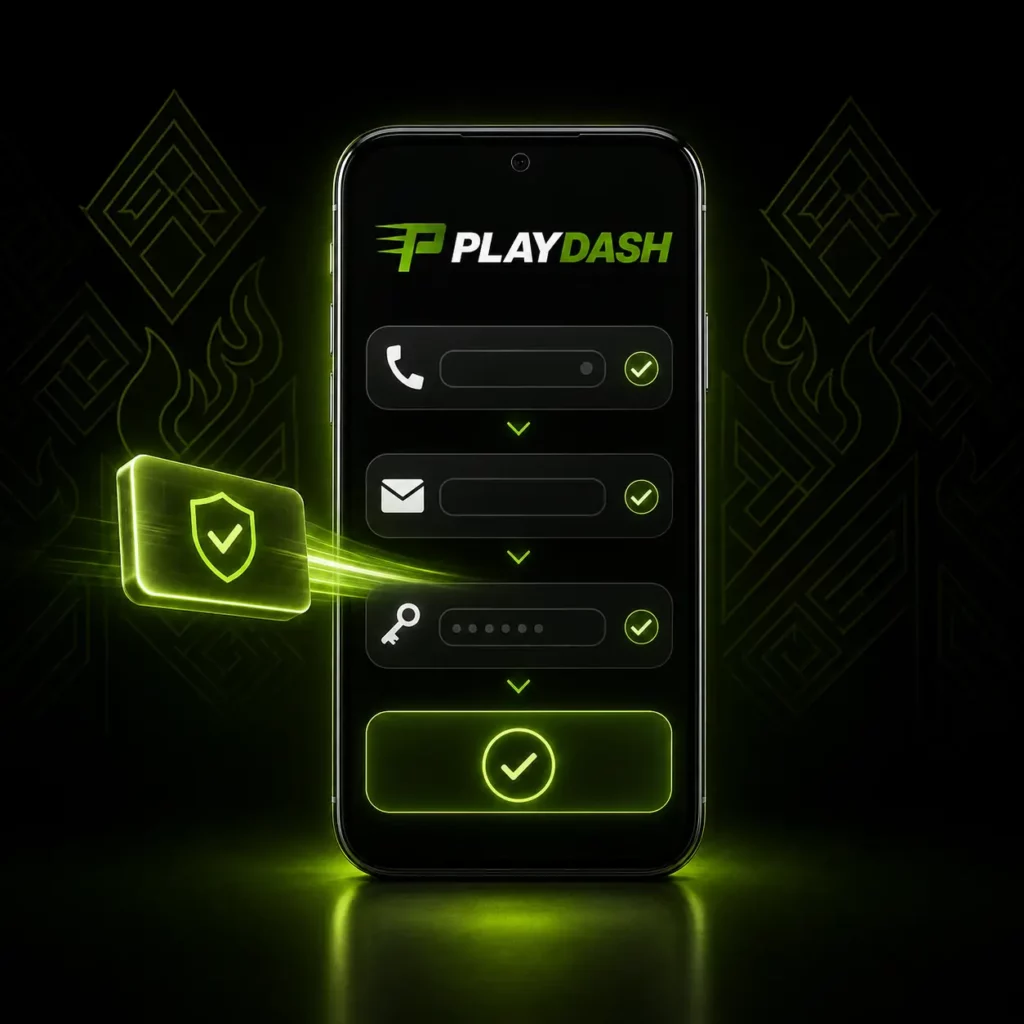 PlayDash sign-up with phone, email and password confirmation